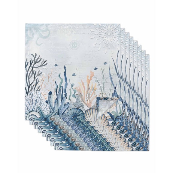 Ocean Blue Coral Cloth Napkins Set of 8 Reusable Dinner Napkins, Summer Coastal Starfish Flower Cocktail Napkin Washable Table Napkins for Wedding/Holiday Party/Baby Shower 20"x20"
