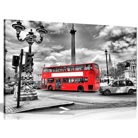 London Canvas Print Black & White Red Bus Canvas Wall Art Picture Print (30x20in)