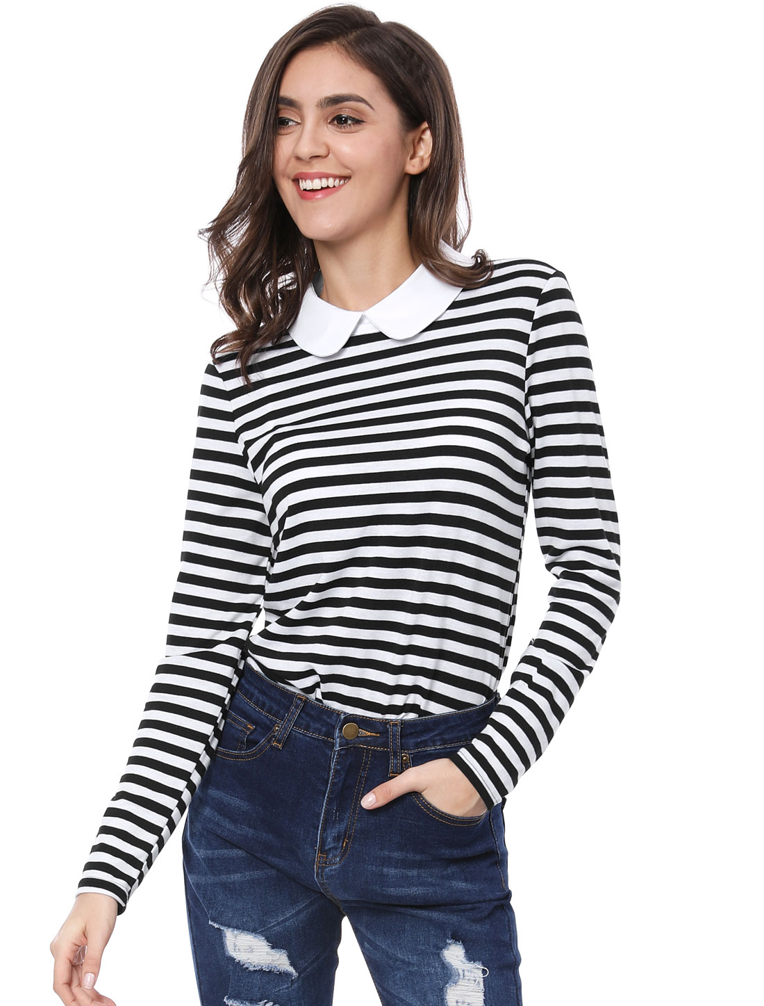 DARING DIVA Peter Pan Collar Striped Top S Black