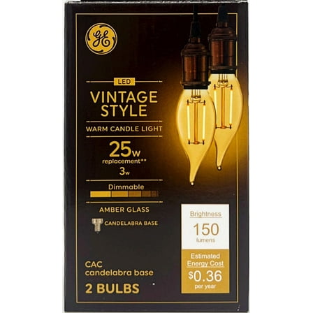 (2 bulbs) GE Lighting Vintage LED Chandelier Light, Cendlabra base, 3 watt, 150 lumen, Dimmable, warm candle light glow, amber glass