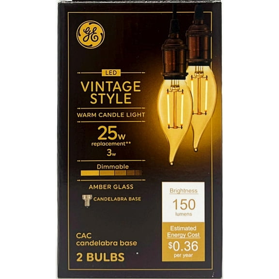 (2 bulbs) GE Lighting Vintage LED Chandelier Light, Cendlabra base, 3 watt, 150 lumen, Dimmable, warm candle light glow, amber glass