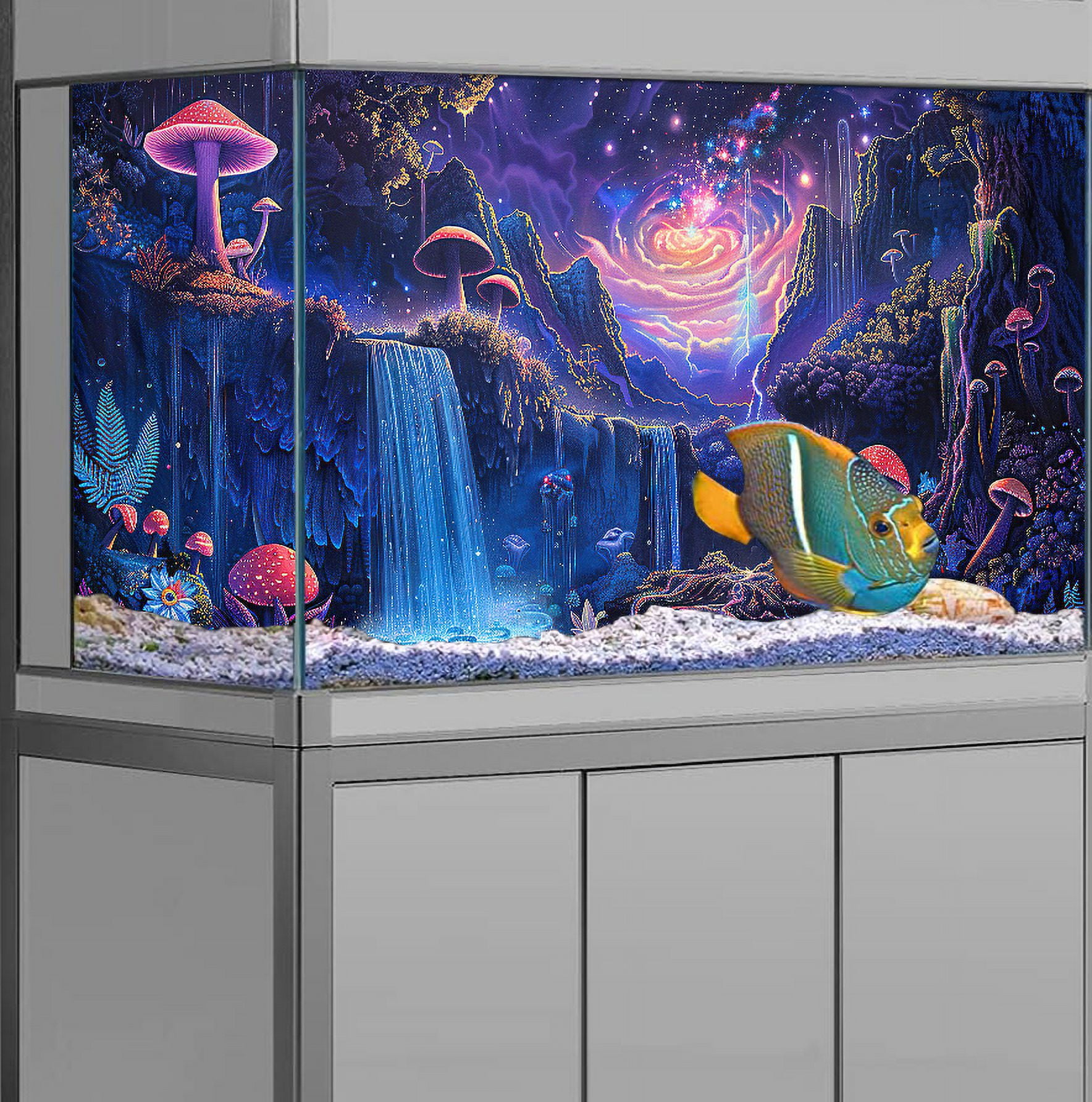 Galaxy Space Planet Aquarium Background, Waterfall Landscape Tapestry Fantasy Mountain Wave Wall Tapestry Mysterious Neon Plants Fish Tank
