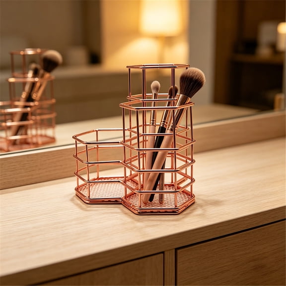 Clearance 3 Slot Metal Hexagonal Makeup Brush Holder, Rose Gold Desk Accessories Metal Wire Desk Organizer Pen Holder for Dorm Office Vanity Cosmetic Art Supplies, Desktop Storage Caddy