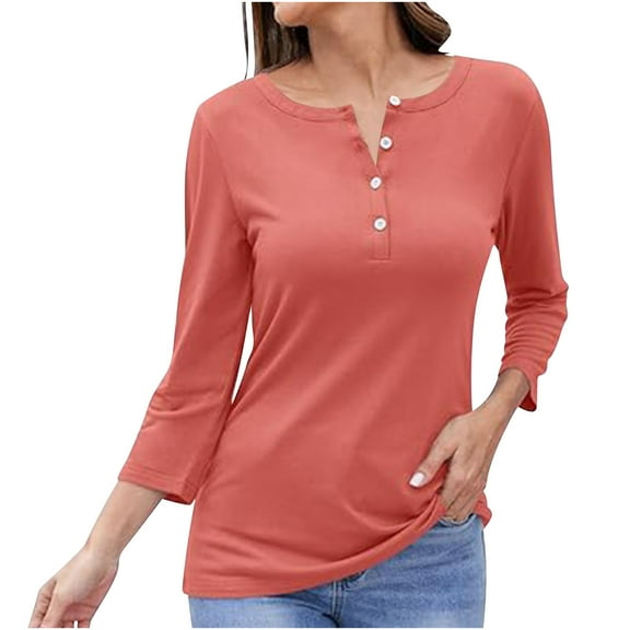 Jalioing Plus Size Top Womens Fall Winter Long Sleeve Shirt Button Casual Round Neck Tops