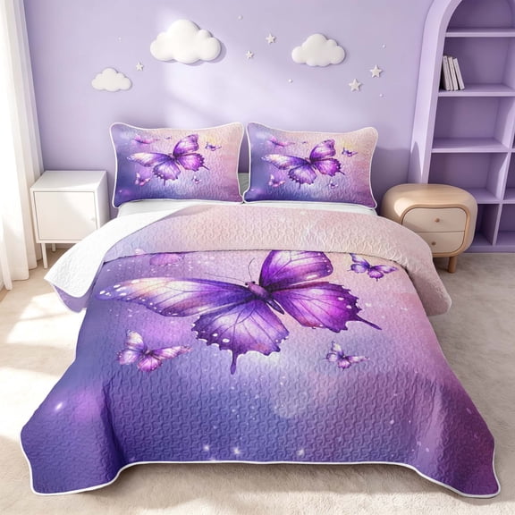 Erosebridal Cute Butterfly Twin Quilt Set, Princess Animal Twin Coverlet Set, Polka Dots Reversible, Lavender Pink Purple, 2-Piece (1 Bedspread and 1 Pillowcase)