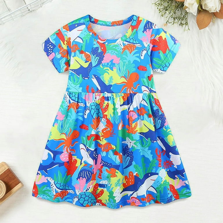 Girls Dresses Kids Baby Girls Summer Striped Print Bird Embroidered Short  Sleeve Casual Dress Baby Dress Blue 6 Years-7 Years - Walmart.com