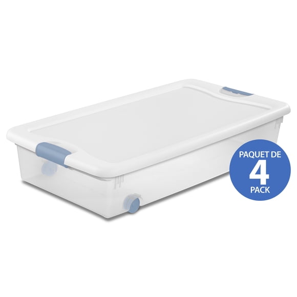 Sterilite 53 L Wheeled Latching Box, Clear Plastic Storage Bin with Lid and Light Blue Latch, 4 Pk