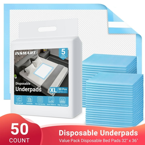 INSMART Bed Pads for Incontinence Disposable, 32" x 36", 50 Count Disposable Incontinence Bed Pads-Maximum Absorbent Unisex Large Chucks Pad-Incontinence Bed Pads-Bed Liners(Upgrade Tape)