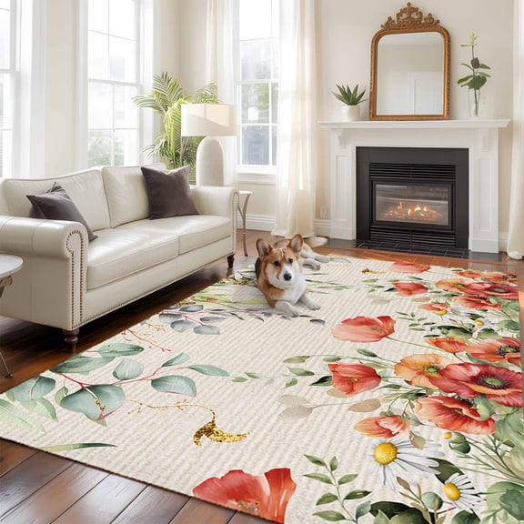 5'x8' Area Rugs, Red Poppy Indoor Outdoor Area Rug for Living Room Bedroom, Farmhouse Country Vintage Flower Leaf Plant Washable Bathroom Rugs Kitchen Floor Carpet Mats Home Decor Aesthetic