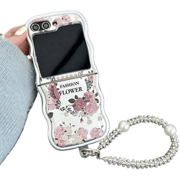 Phone Case for Galaxy Z Flip 5,Silver Shockproof Anti-Drop Folding Phone Protective Cover with Chain,Gift for Women Girls (Rose)