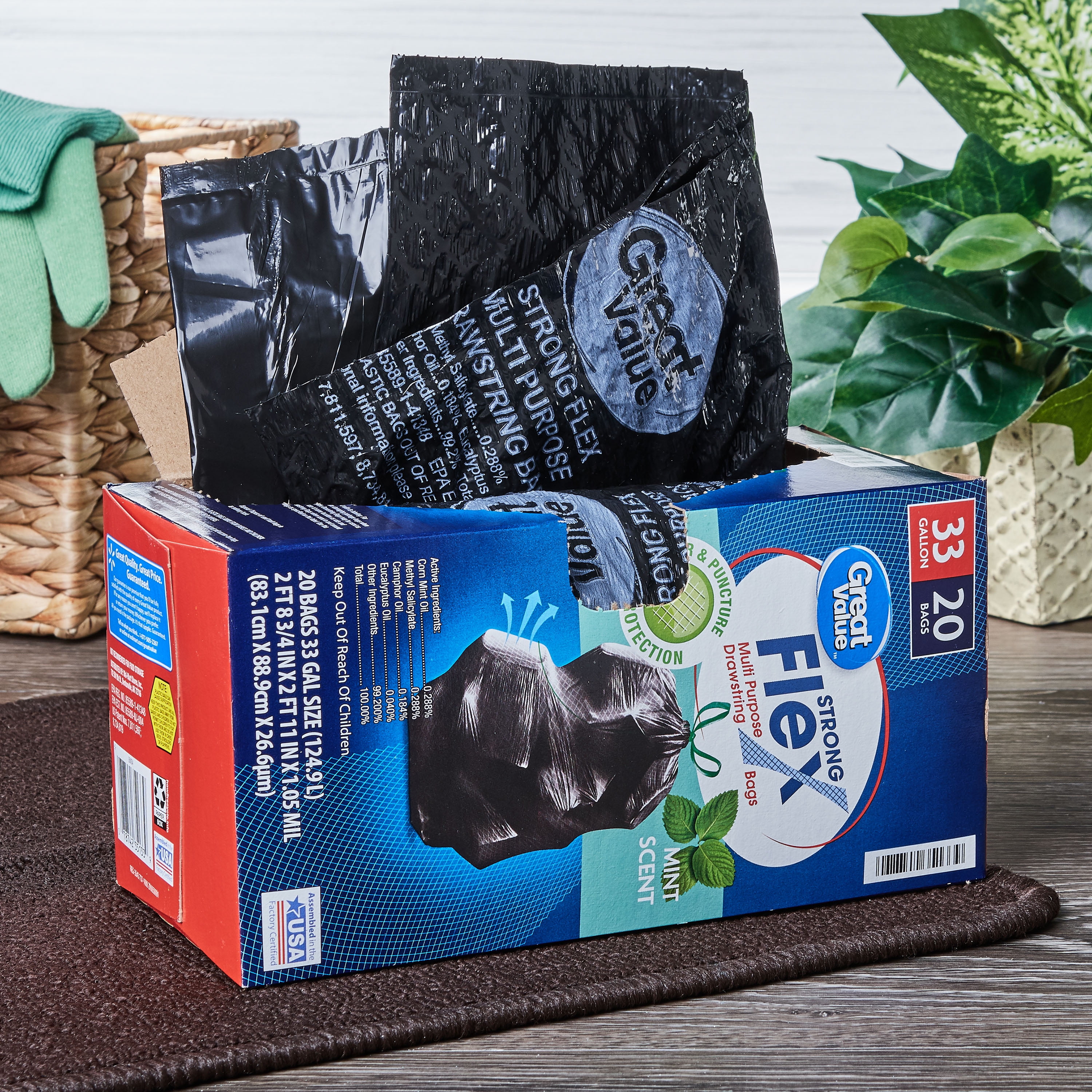 Great Value Multipurpose Trash Bags, 33 Gallon, 20 Bags (Strong Flex