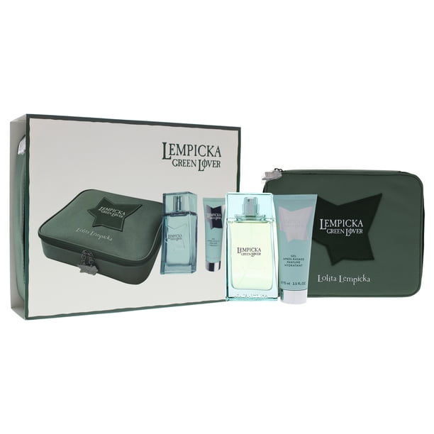Green Lover de Lolita Lempicka para hombres: set de regalo de 3 piezas: spray EDT de 3,4 oz, gel para después del afeitado de 2,5 oz, estuche Lolita Lempicka Lolita Lempicka Green Lover Perfume EDT de 3,4 oz, gel para después del afeitado de 2,5 oz, bolsa Caballero 3Pc Set