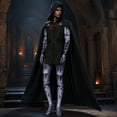 thumbnail image 5 of Dark Green Sorcerer Villain Cosplay Costume Printed Armor Jumpsuit with Hooded Cape 2-Piece Set for Halloween Stage Performance, 160, 5 of 5