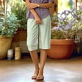 thumbnail image 6 of Josdec Women's Casual Striped Linen Bermuda Shorts Elastic High Waist Straight Leg Knee Length with Pockets for Summer Daily Beach Wear, 6 of 7