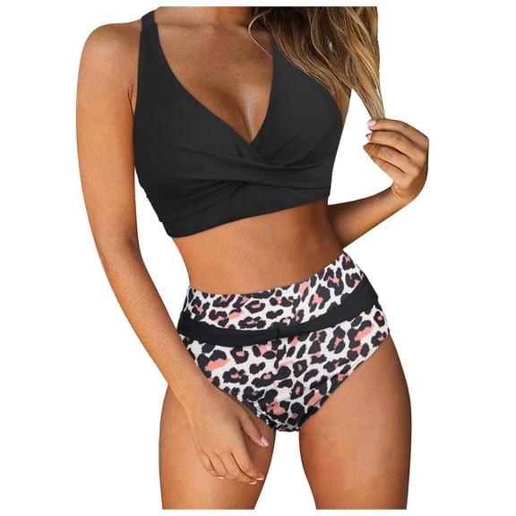 Swim Suits for Women 2026 Detachable Padding Bikini Halter High Waisted Leopard Bathing Suit,Black,L