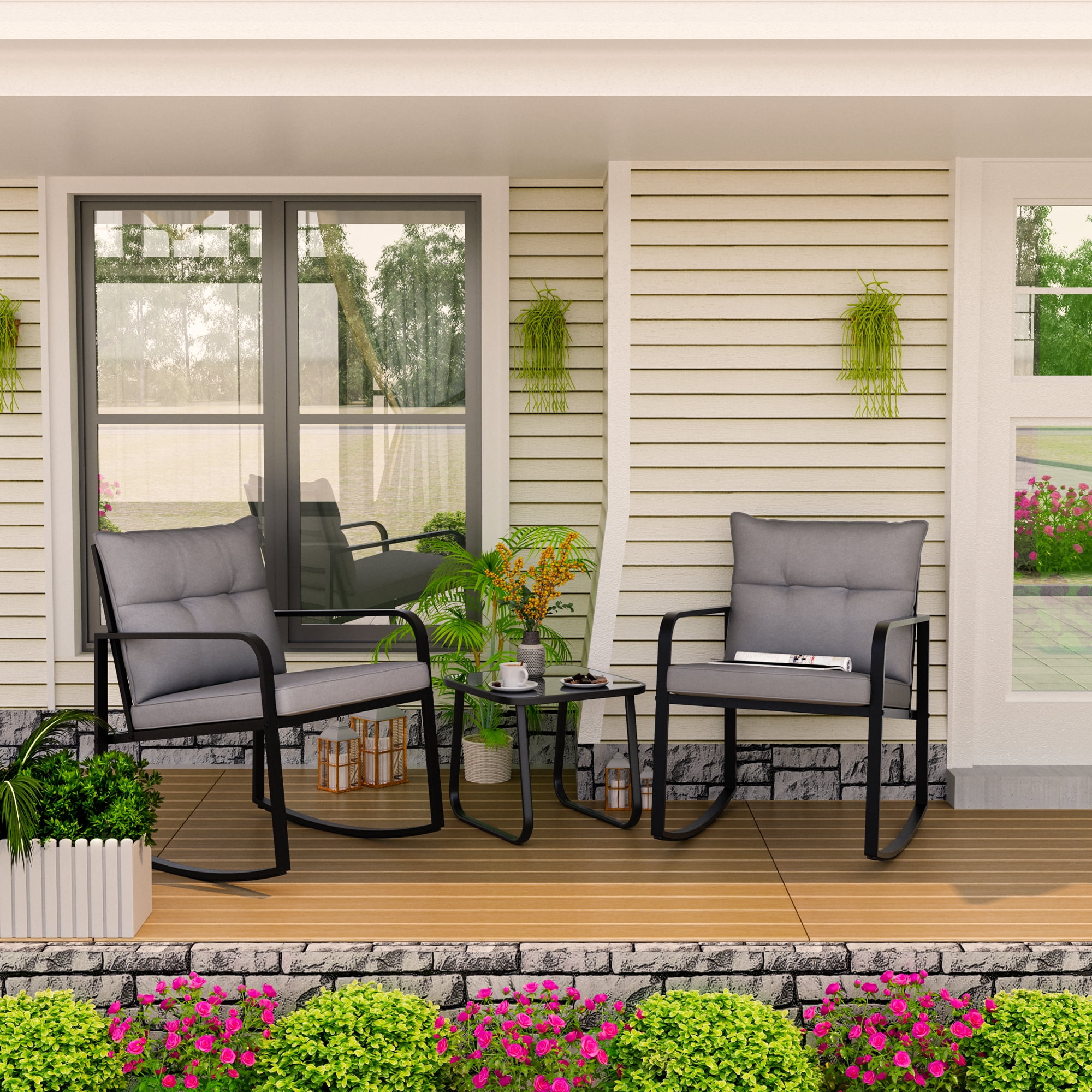 Lofka Patio Furniture Set with Tea Table, 3 Pieces Metal Outdoor Rocking Chairs Set  for Porch & Garden, Gray Cushion