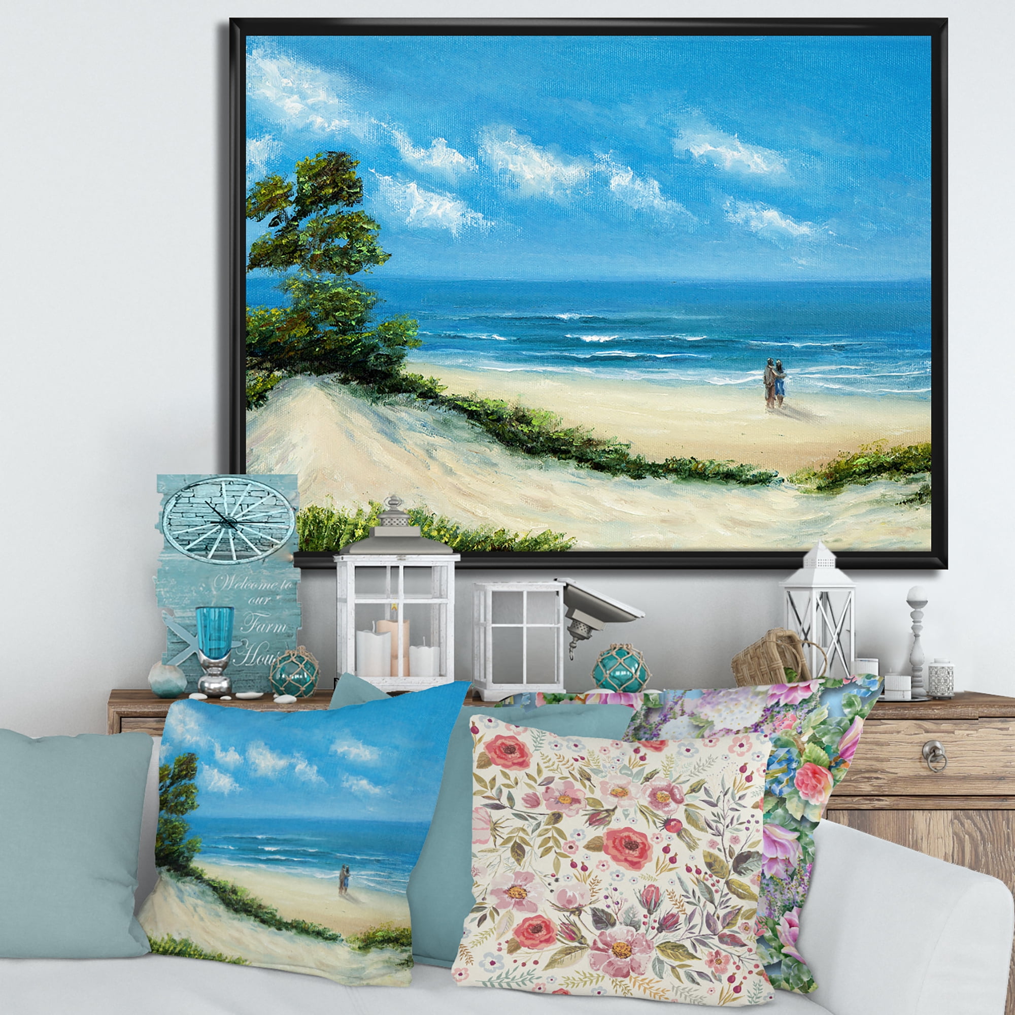 Designart 'Couple At The Beach In Sunlight' Nautical & Coastal Framed Canvas Wall Art Print