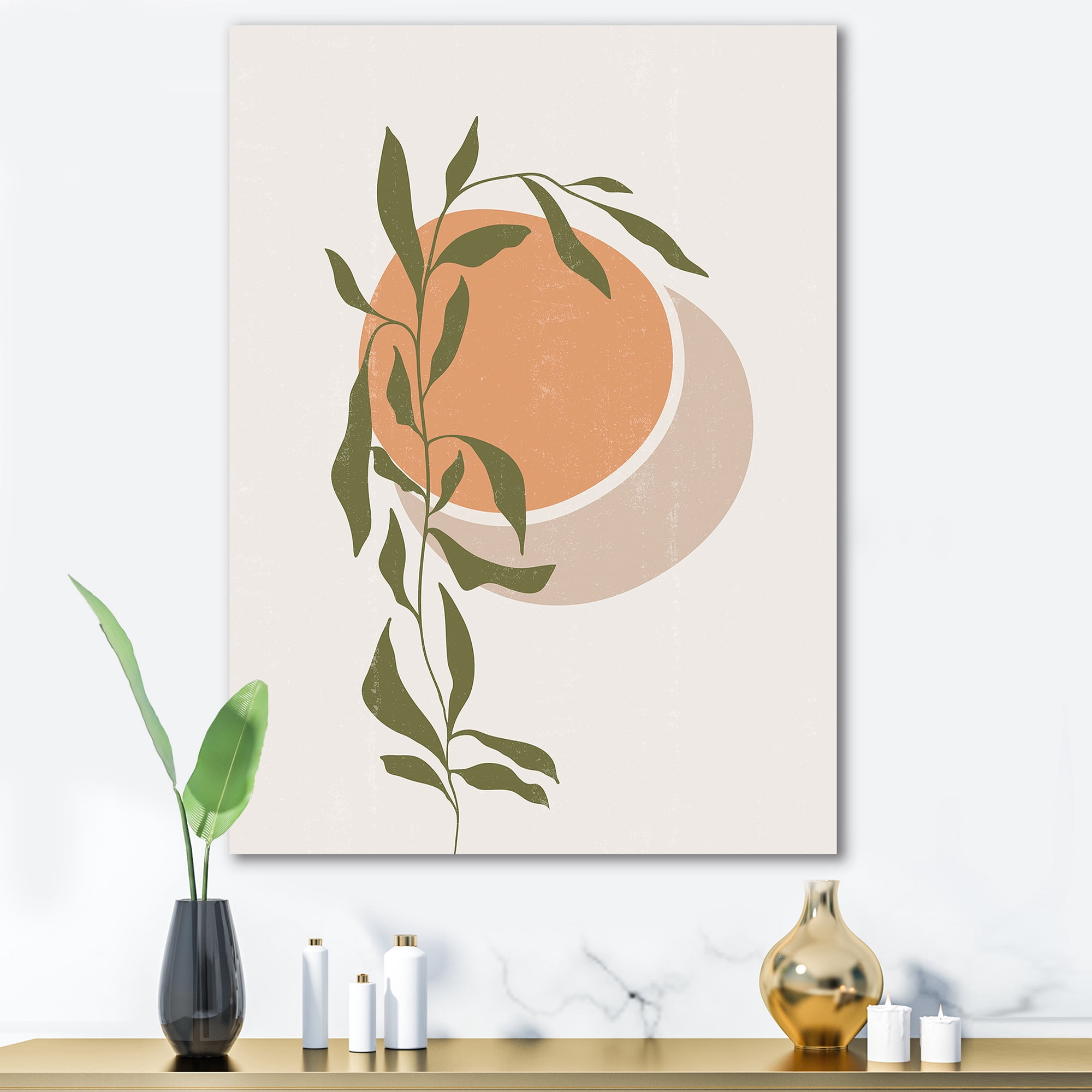 Designart ' Abstract Orange Moon and Sun With Tropical Leaf ' Modern Canvas Wall Art Print
