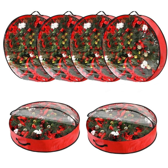 EcoSummer 6-Pack Christmas Wreath Storage Bags, 24x24x7.8 Inch Heavy-Duty Clear Storage Containers with Reinforced Handles, Zippered Holiday Decor Box for Door Wreaths, Garlands, Seasonal Ornaments