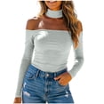 thumbnail image 2 of Lnmiateer Women 2026 Fall Fashion Y2K Off‑Shoulder Long‑Sleeve Blouse Choker‑Neck Basic & Slim‑Fit Style Trendy Date‑Night Going‑Out Outfit, 2 of 9