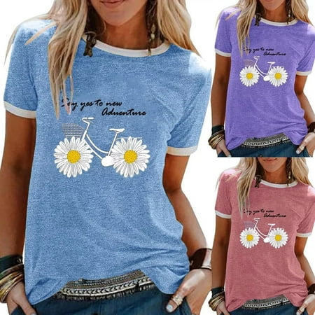 

Taluosi Women Casual O Neck Short Sleeve Bike Marguerite Print Loose T-shirt Blouse Top