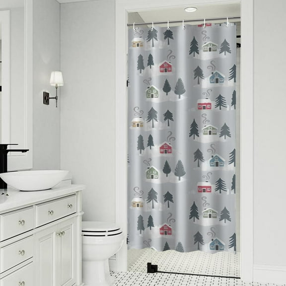Gray Christmas House and Tree Pattern Shower Curtain 36"x72" ,Bathroom Decorative Shower Curtains Set with 12 Hooks,Modern Waterproof Washable Shower Curtain