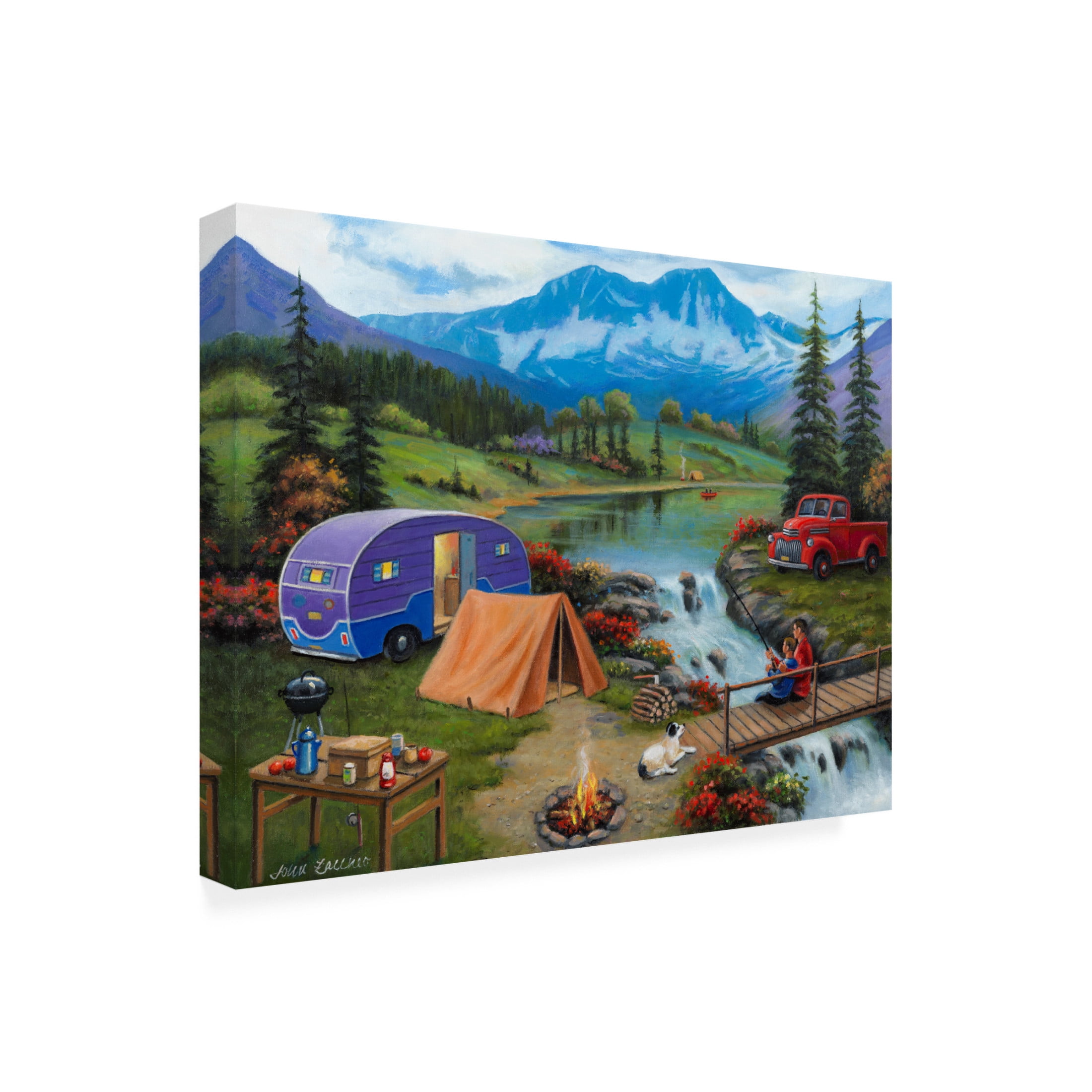 Canvas Wall Art - John Zaccheo 'Fishing By the Falls' Wall Art for Living Room, Bedroom, or Office Décor by Trademark Fine Art - 19 x 14 Inches
