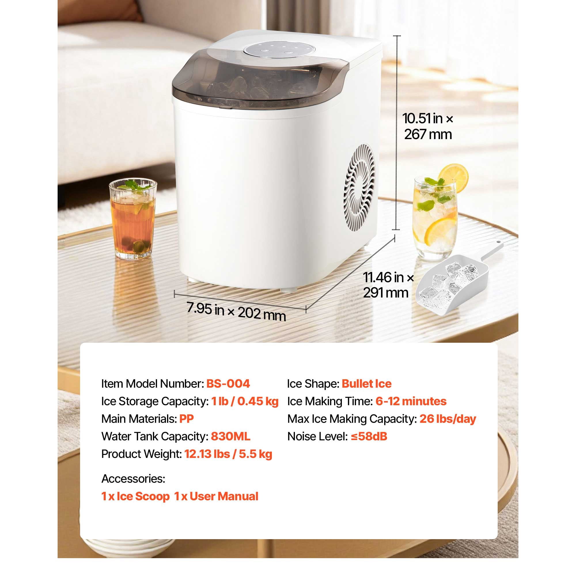 KFFKFF Countertop Ice Maker, Produces 7 Ice Cubes in 6 Minutes, 26 lbs Daily Capacity, Portable Machine with Self-Cleaning Function, Includes Ice Scoop, Offers Two Sizes of Bullet-Shaped Ice for Home