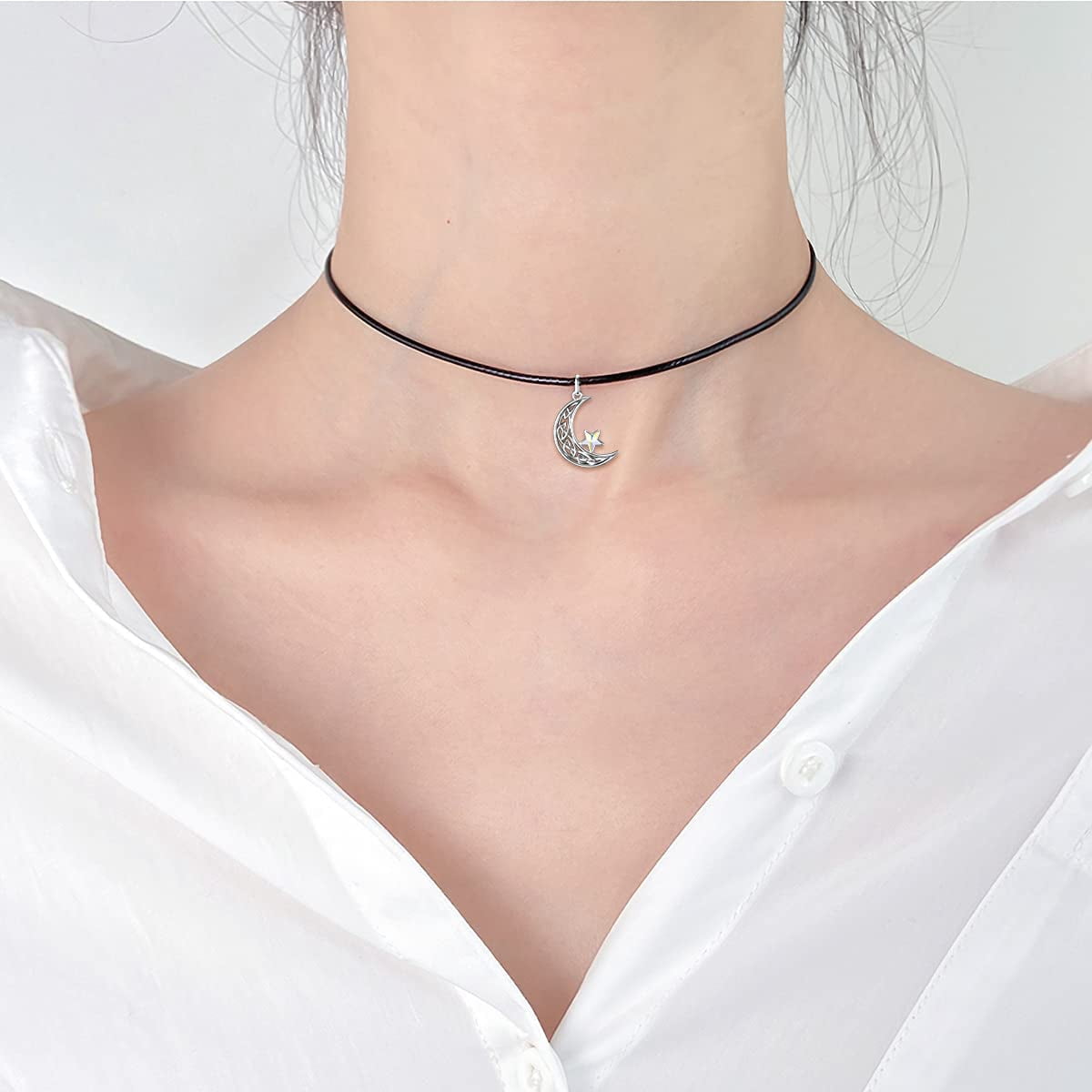 AOBOCO Sterling Silver Crescent Necklace with Leather Chain Anniversary Birthday Mothers Day Gifts Jewelry Gifts for Women
