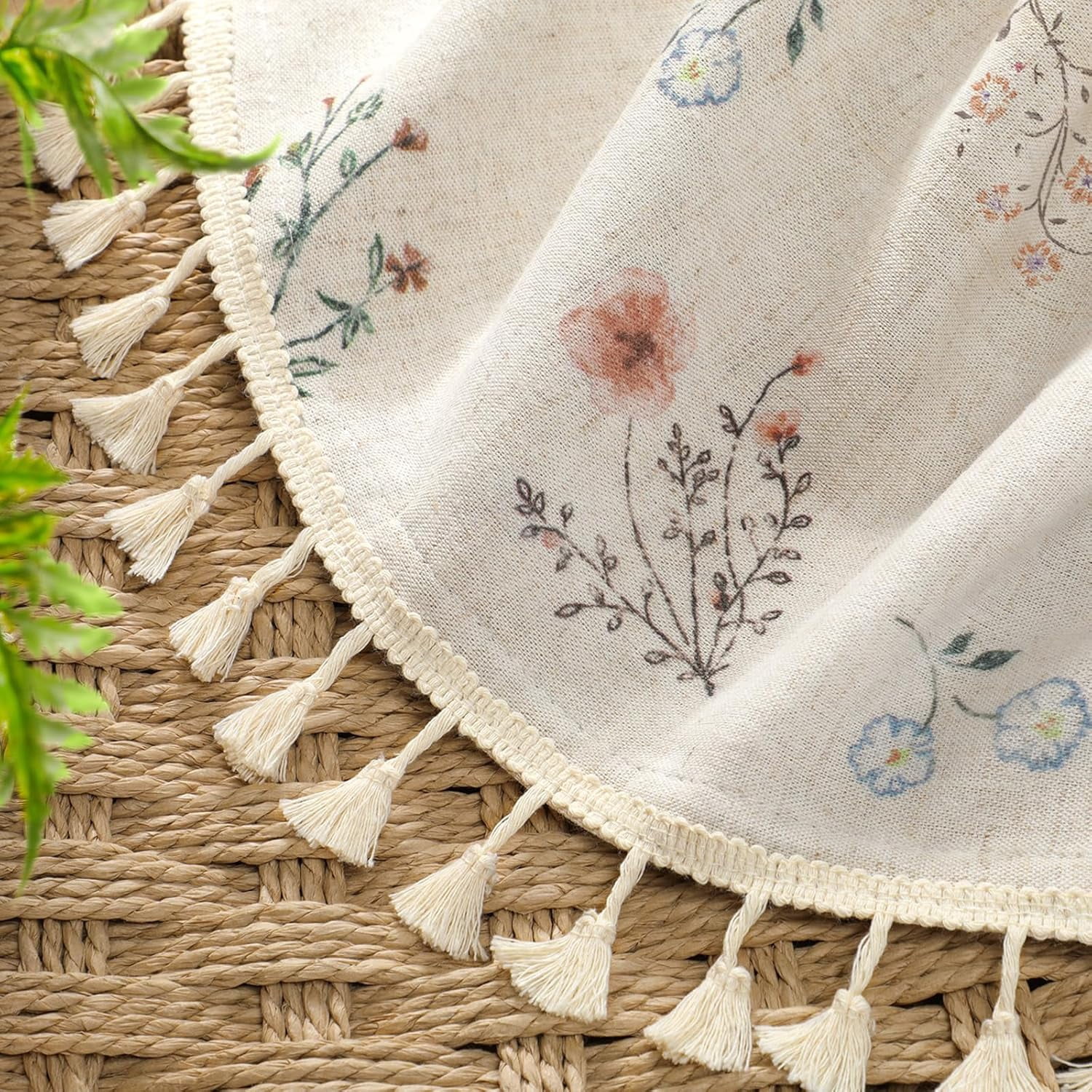 Boho Floral 100% Blackout Curtains 84 Inch Length 1 Panel, Linen Texture Farmhouse Curtains Beige Tassel for Living Room Bedroom Vintage Rustic Patterned Printed Western Rod Pocket
