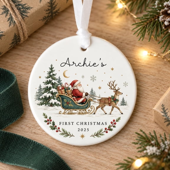 Personalised First Christmas Ornament Santa Sleigh Design Ceramic Hanging Decoration for Christmas Keepsake