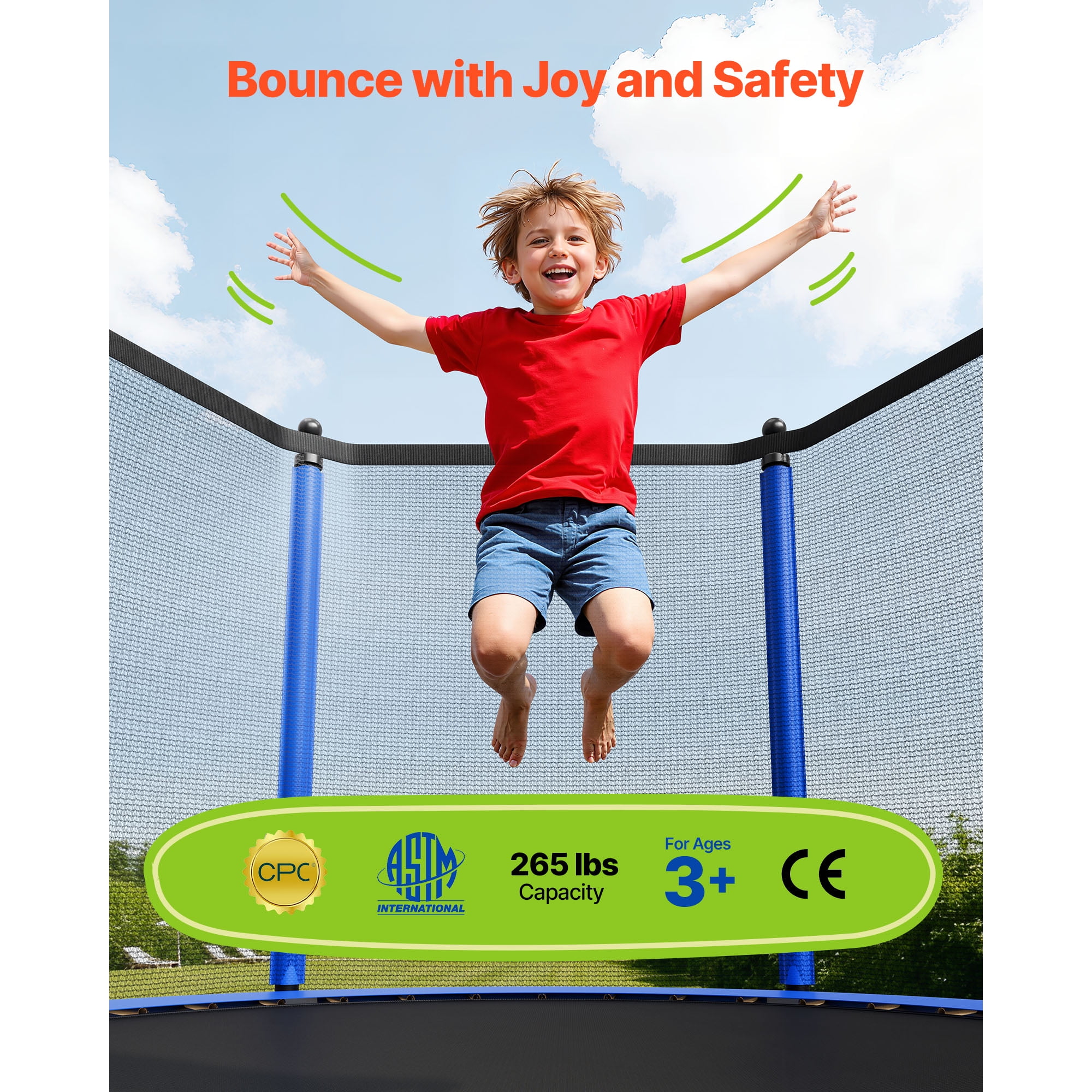 KFFKFF 8FT Outdoor Trampoline with Safety Enclosure, ASTM Certified, Durable Frame, 265 lbs Capacity, Rust-Resistant Design for Backyard Fun for Kids and Adults