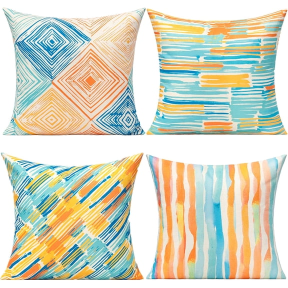 Set of 4 Blue Teal Abstract Geometric Striped Throw Pillow Covers Colorful Modern Decorative Cushion Covers for Bedroom Sofa Bench Porch 16x16 Inch