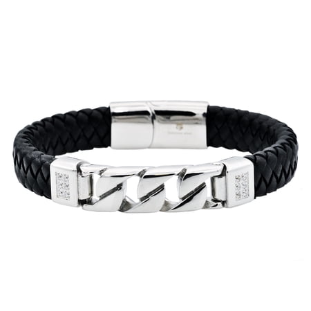 Arista Cubic Zirconia Diamonds Men's Imitation Curb Link Bracelet in Black Leather And Stainless Steel, 8"