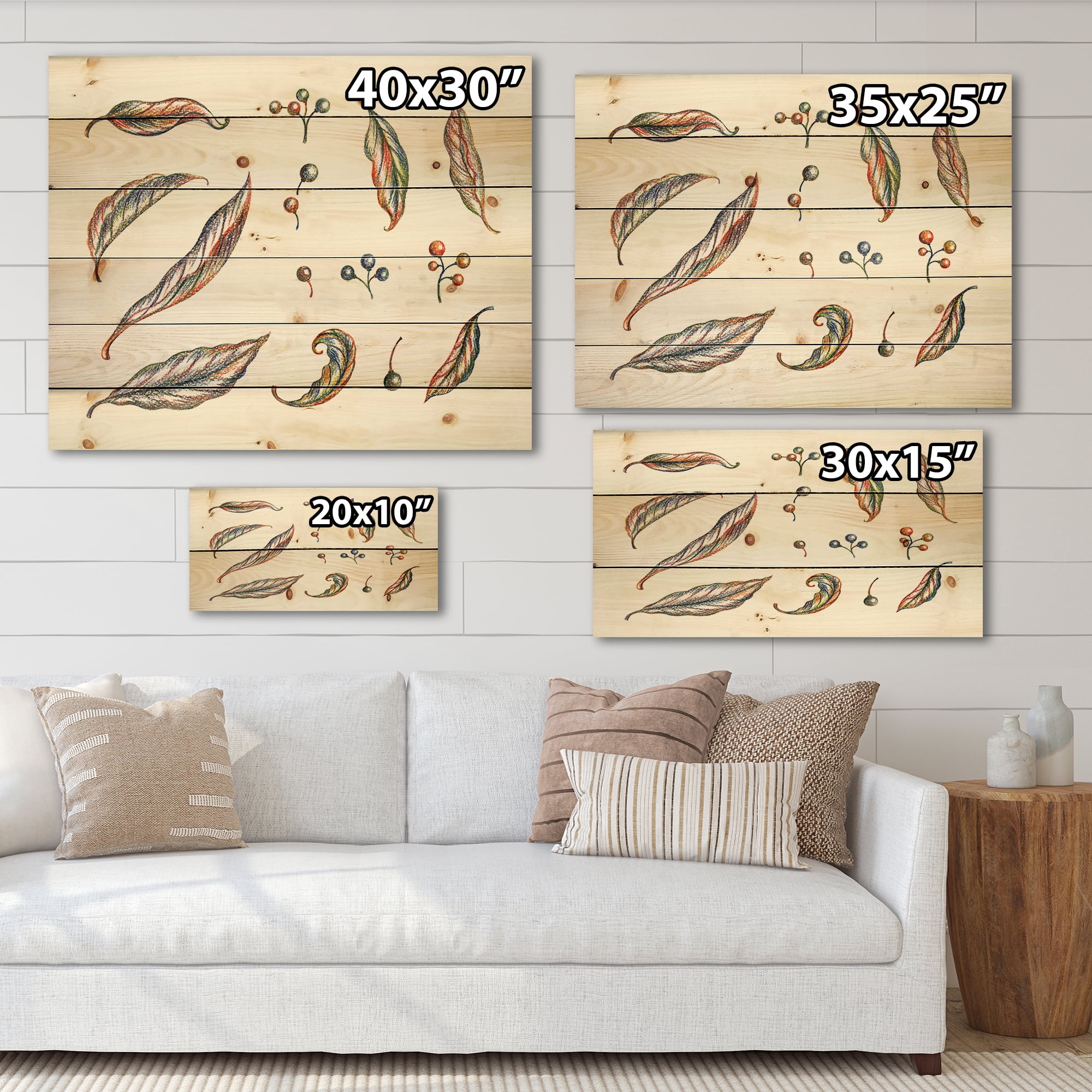 Designart 'Leaves and Berries Of Wild Grapes' Bohemian & Eclectic Print on Natural Pine Wood