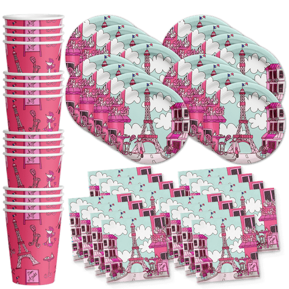 Pink Paris Birthday Party Supplies Set Plates Napkins Cups Tableware Kit for 16