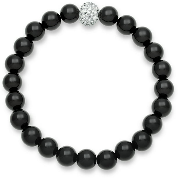 Pearlzzz Natural Black Onyx And White Crystal Bead 7 Inch Stretch Bracelet Walmart Com Walmart Com