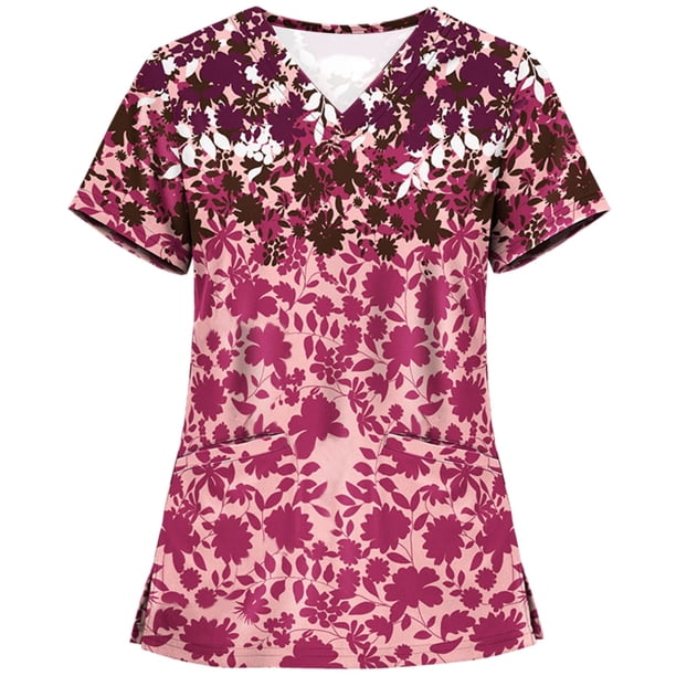 Blusa Umfun para mujer, blusa médica con bolsillo, manga corta, cuello en V, blusa de enfermera estampada, blusa de trabajo, blusa roja 2XL