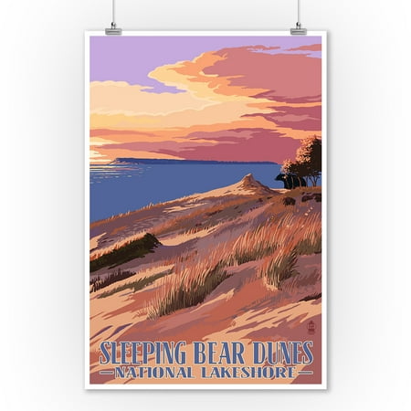 Lakeshore Collections Sleeping Bear Dunes National Lakeshore, Michigan - Dunes Sunset and Bear - Lantern Press Artwork (9x12 Art Print, Wall Decor Travel Poster) ()