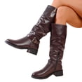 thumbnail image 4 of BRGZLK Women Knee High Slouch Boots Winter Solid Color Round Toe Side Zipper Chunky Heel Buckled Decor Mid-calf Boots for Out Going Brown 39, 4 of 9