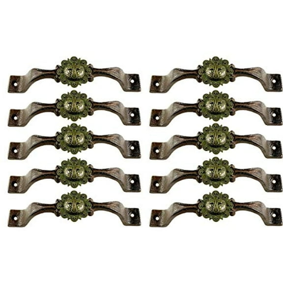 Urbalabs Cast Iron Kitchen Cabinet Handles and Drawer Pulls Western Concho Cross Horseshoe and Star Country Home Rustic Decor Farmhouse Cabinet Handle Cabinet Knobs (10, Green Western Cross)