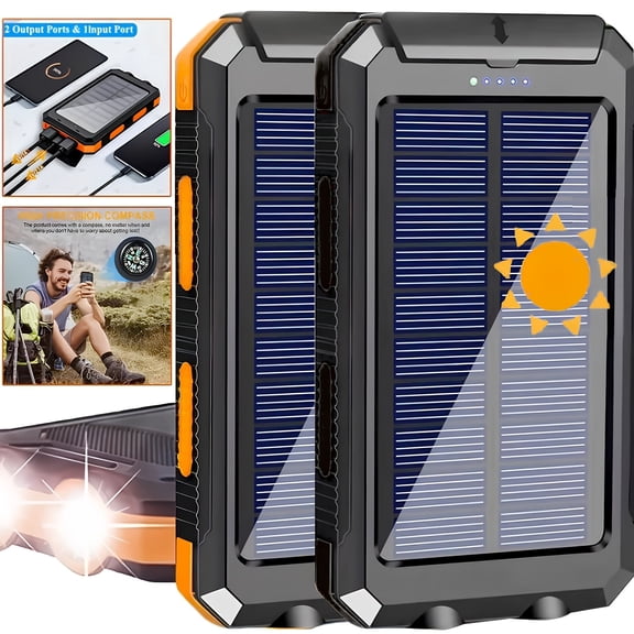 20000Mah USB Portable Charger Solar Power Bank, Dual 5V USB Port Output for All Mobile Devices Built-In Flashlight with Compass for Outdoor Camping Emergency Use, Power Bank Portable