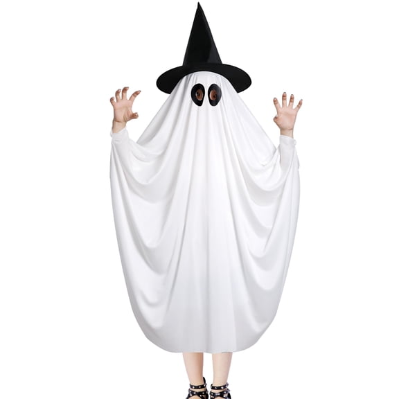 EBaokuup Halloween Ghost Costume, White Ghost Cloak with Witch Hat, 2-Piece Ghost Costume for Halloween