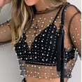 thumbnail image 2 of CoCopeaunt Women's Rhinestone Top See Through Pearl Top Sexy Pearl Mesh Top Short Sleeve Blouses Rhinestone Mesh Top, 2 of 7