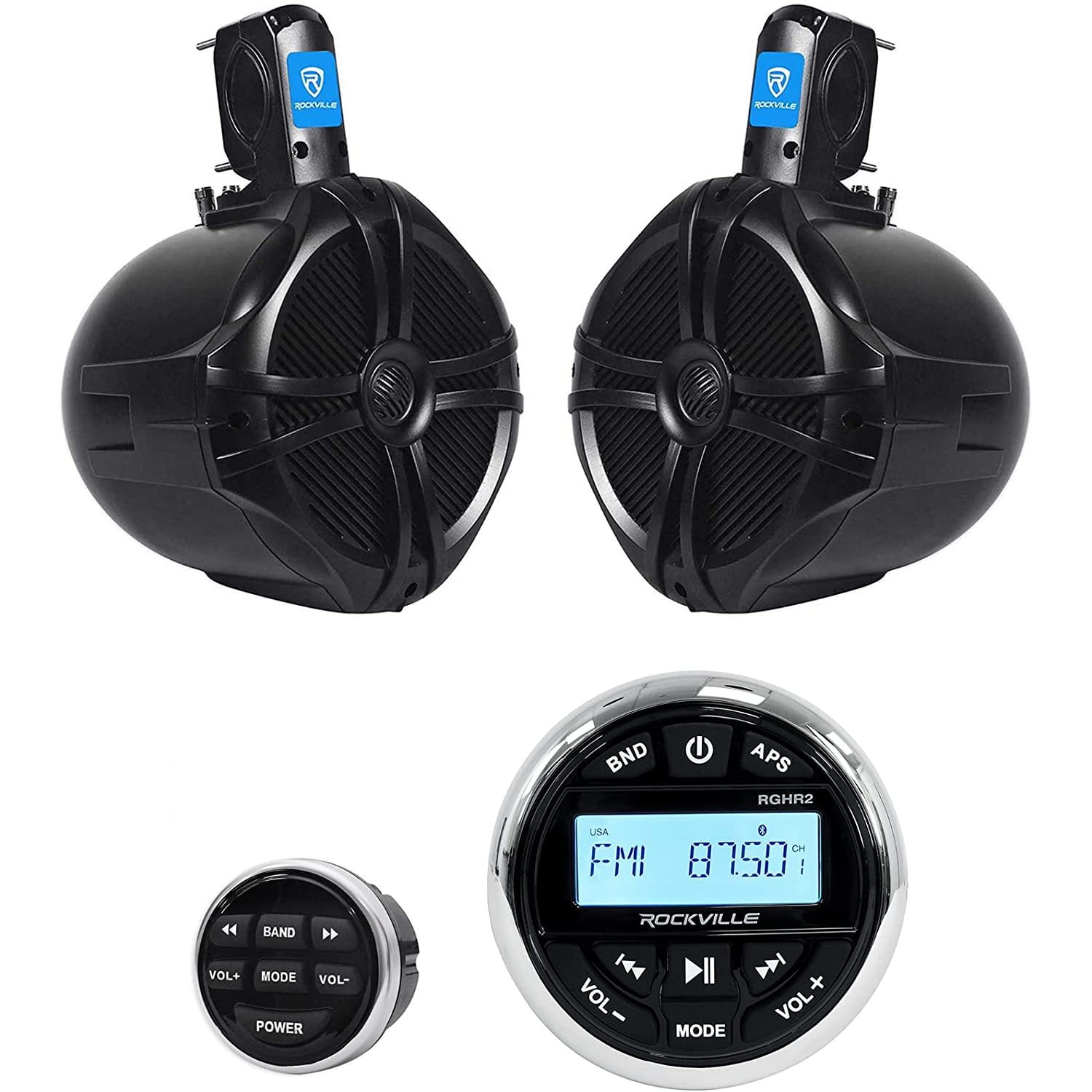 RGHR2 Marine Bluetooth Receiver, USB+Remote+(2) 8" Wakeboard Speakers
