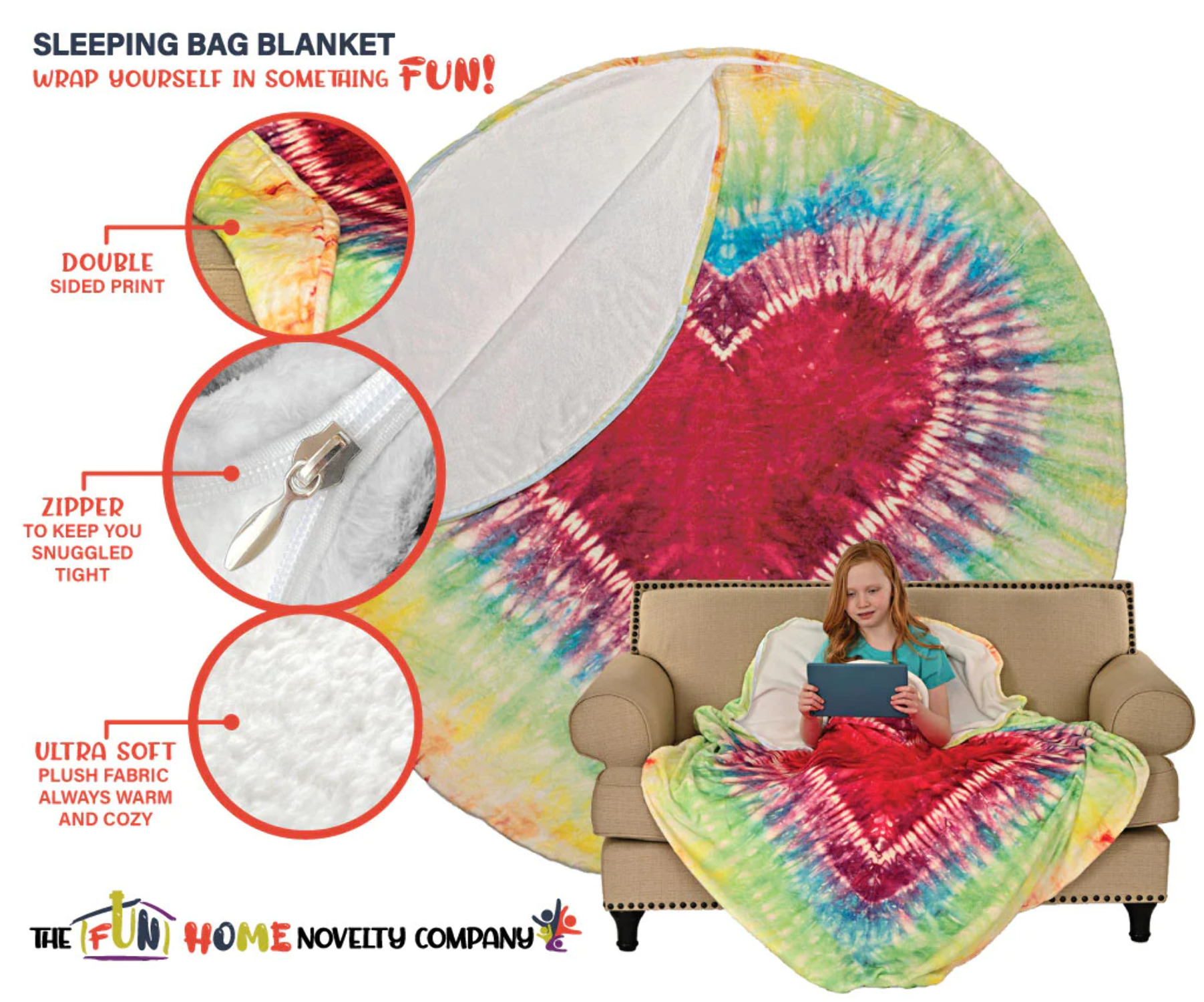 Heart Tie Dye Round Sleeping Bag Blanket 60" Diameter - Cozy Warm Flannel - Novelty Circle Throw Blanket Unique & Fun Love Blanket - Perfect for Kids, Perfect for Birthday Gift - image 3 of 5
