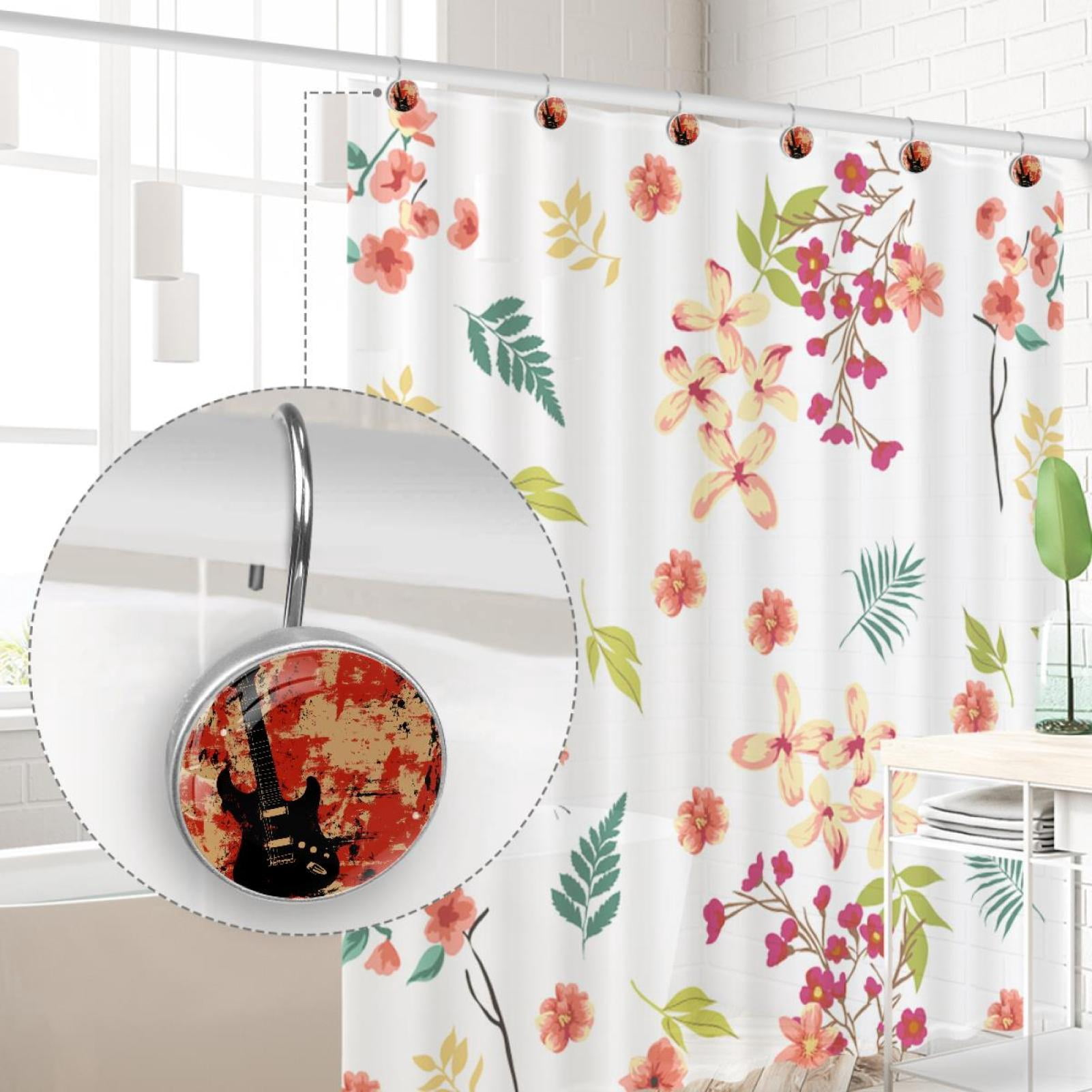 Black Guitar on Red Grunge Shower Curtain Hooks Round Crystal Glass, Set of 12 Shower Curtain Rings - Shower Hooks for Curtain Shower Rings