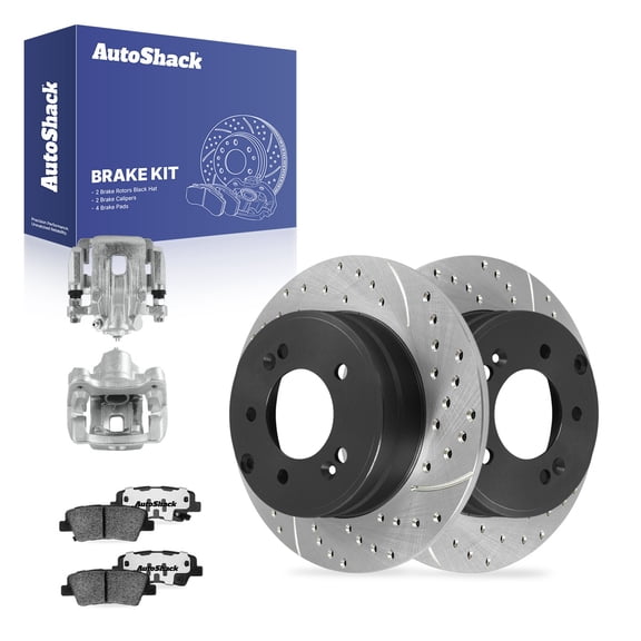 AutoShack Rear Drilled & Slotted Brake Rotors Ceramic Brake Pads Calipers | Replacement for 2011-2016 Kia Optima 2012-2017 Hyundai Azera 2.0L 2.4L FWD | E-Coated | 8-PC Brake Kit | ShadowGuard