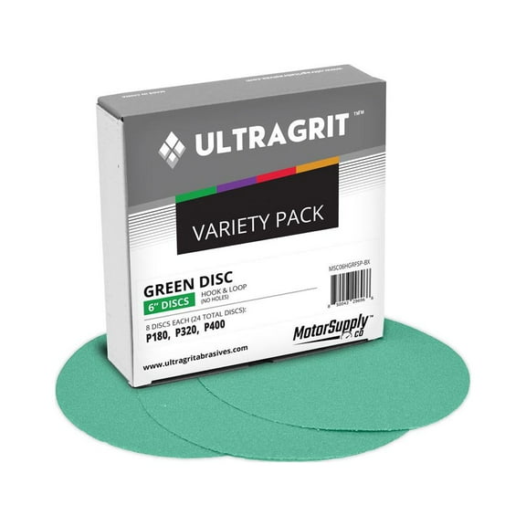 UltraGrit Green 6" Sanding Disc, Hook and Loop, P180/P320/P400 Variety Pack, No Holes - 24 Discs/Box