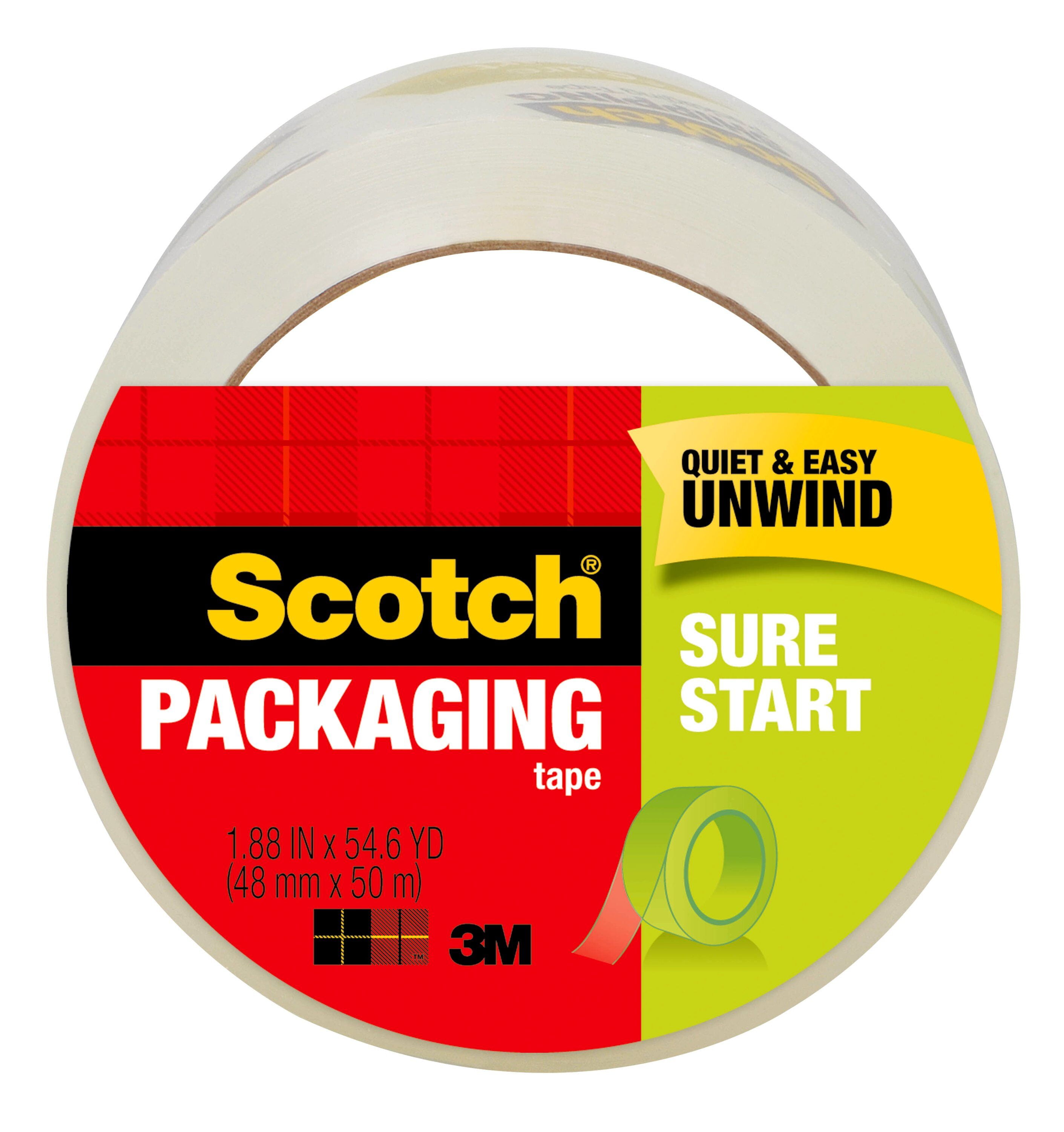 Scotch Sure Start Packaging Tape, Clear, 1.88" x 54.60 yd, 3 Rolls